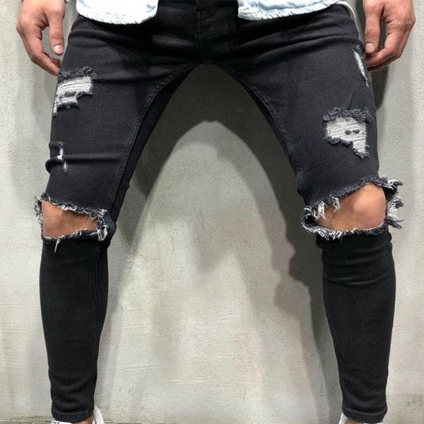 

men's jeans men fashion slim fit hole long male moto biker frayed pencil pants boys cotton ripped lightweight trousers 514361, Blue