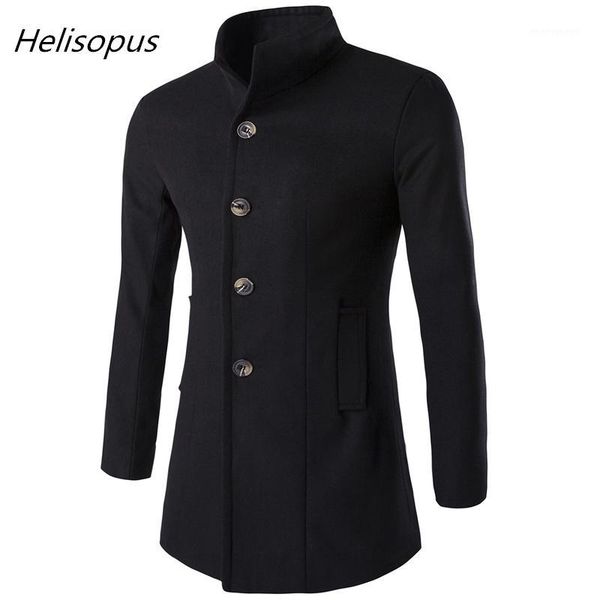 

helisopus men long trench coat fashion wool jacket 2018 autumn winter stand collar wool blends black overcoat1