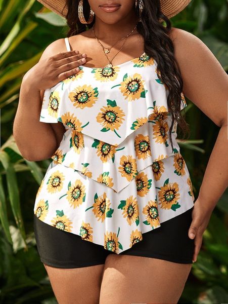 

plus sunflower print tiered layer bikini swimsuit 23xq#, Black