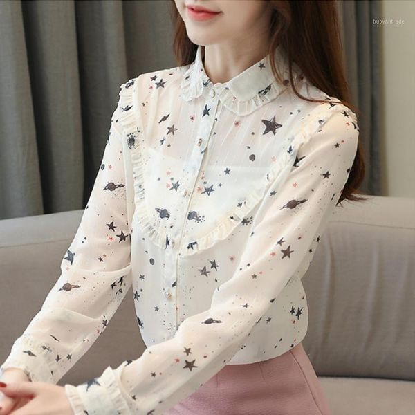 

women's blouses & shirts fashion woman 2021 print chiffon blouse shirt women clothes blusas long sleeve womens and c7911, White