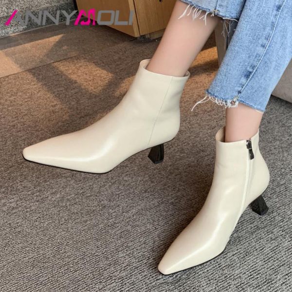 

annymoli real leather high heel short boots women shoes pointed toe strange style heels zipper ankle boots female autumn winter, Black