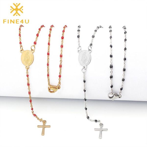 

fine4u n425 stainless steel cross virgin mary pendant necklace 2mm rosary beads necklace for catholic christian jewelry, Silver