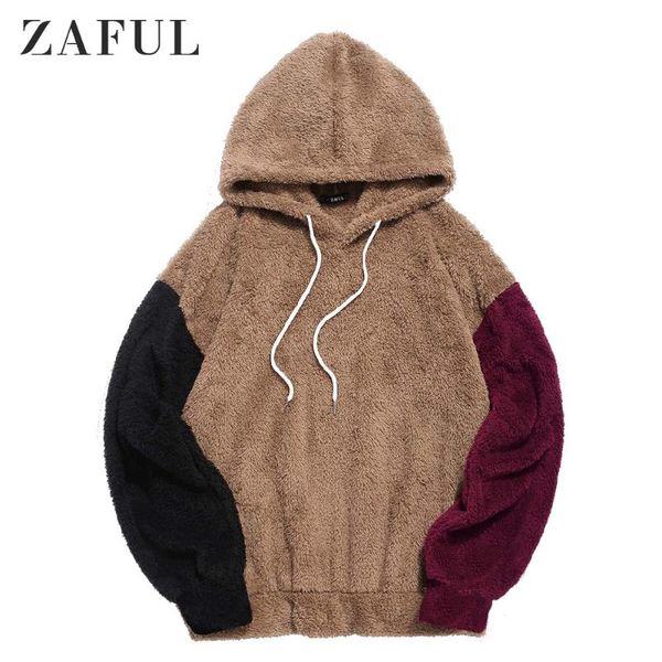 

zaful autumn men color-blocking splicing drawstring fuzzy hoodie long sleeve contrast color sweashirts outdoor daily pullovers, Black
