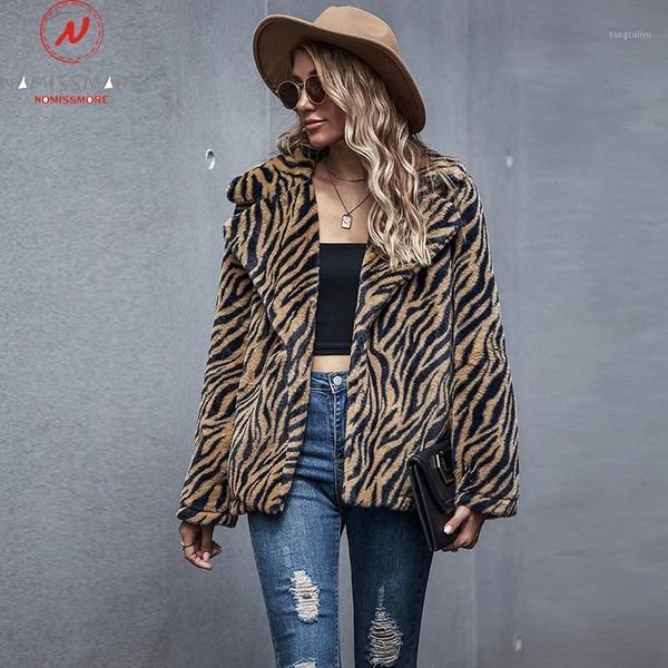 

fashion women autumn winter coat pockets decor turn-down collar long sleeve tiger print casual loose cardigan jacket1, Black;brown