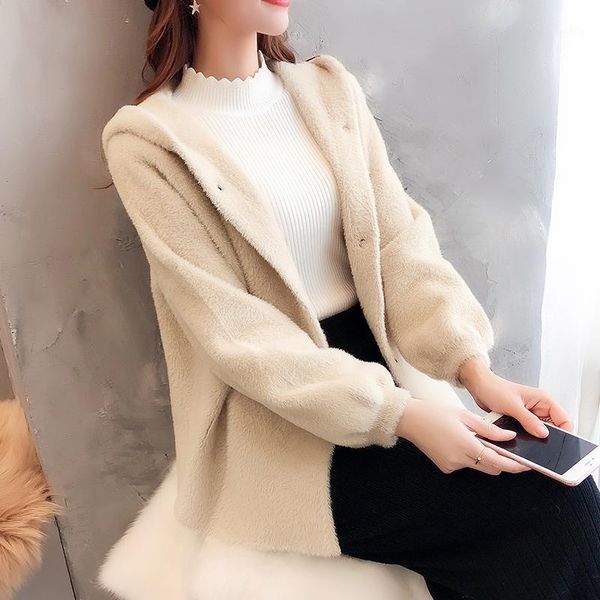 

imitate fur hat cardigan loose coat autumn and winter korean knitting overcoat1, Black
