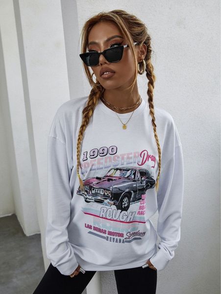 

car and letter graphic drop shoulder sweatshirt 66oj#, White;black