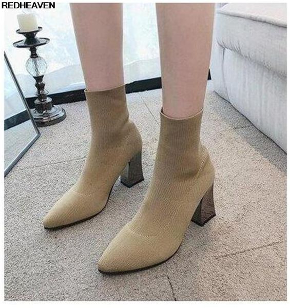 

boots socks women shoes woman fashion high heel ankle 2021 short pointed high-heeled elastic booties, Black