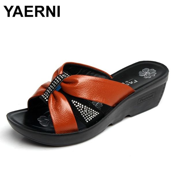 

yaerni genuine leather women slippers rhinestone fashion ladies sandals middle-aged mother slippers women sandals plus sizee777 y200405, Black
