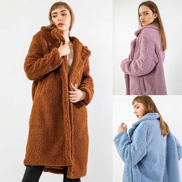 

2021 new winter women casual solid teddy coat faux fur thick warm long fleece teddy bear jacket coat plush fluffy female outwear1, Black