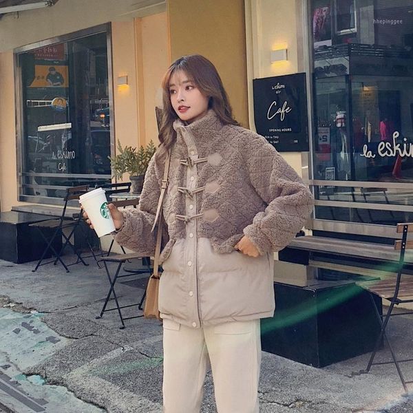 

women's fur & faux 2021 solid thick lamb jacket women mid-length horn button stand-up collar wide-waisted fashion winter women1, Black