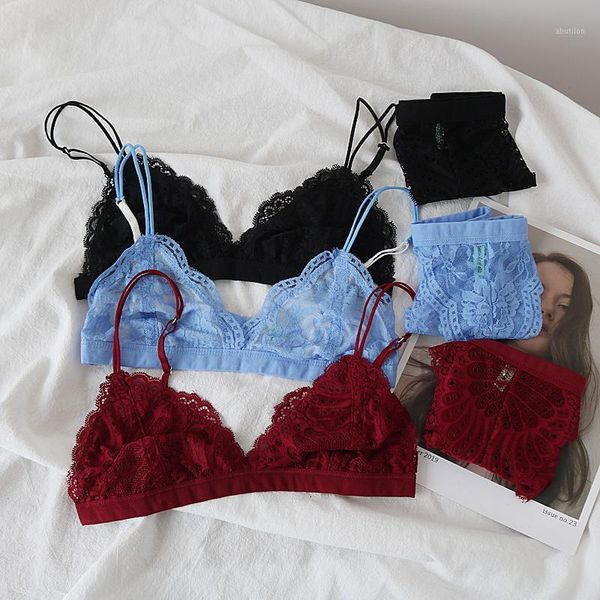 

bras sets lace no steel ring zero pressure lingerie and briefs ultra-thin underwear set thin strap gentle single buckle bralette1, Red;black