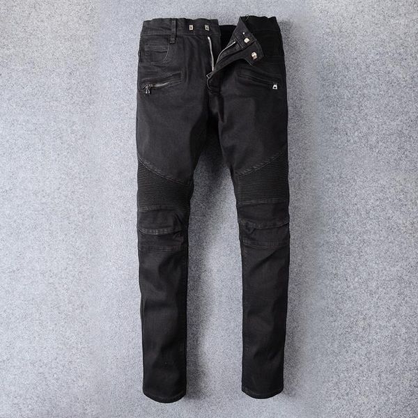 

fashion streetwear men jeans black color spliced designer hip hop jeans men classical denim cargo pants motor biker1, Blue