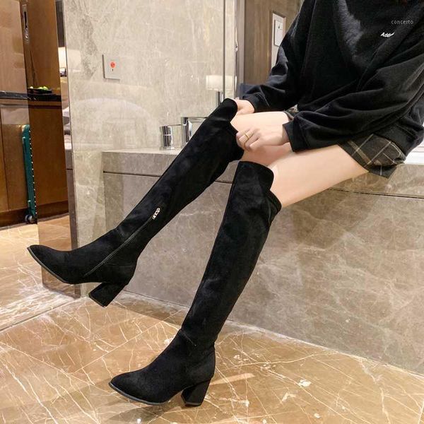 

thick heel over the knee boots slim women suede thigh high boots pointed toe long with high heels winter shoes women 20201, Black