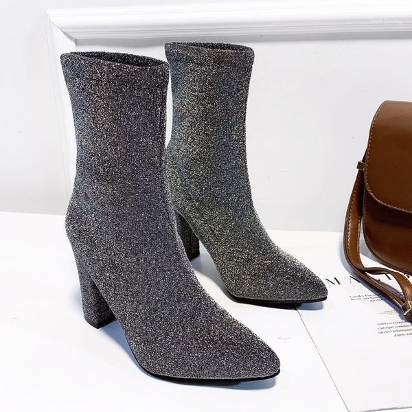 

2020 autumn winter fashion sock boots ladies square high heels bling shoes woman mid calf botines mujer slip on botas1, Black