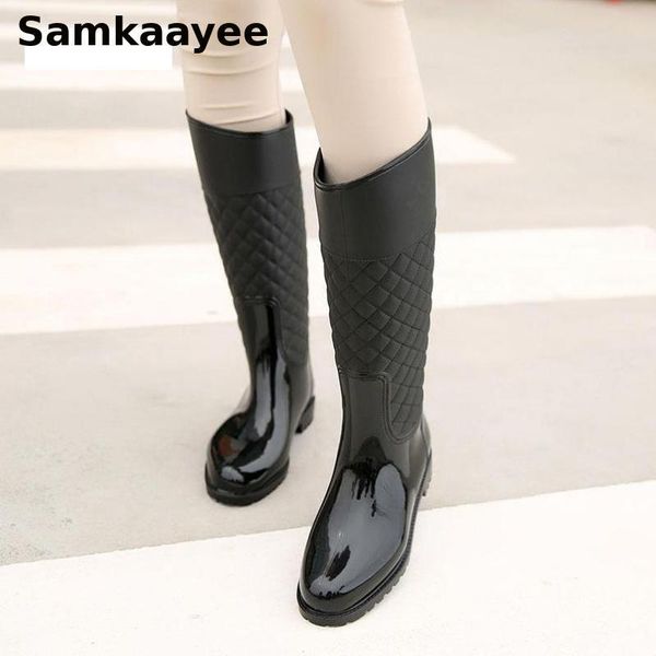

size 35-41 womens rain boots winter female knee-high botas slip-on waterproof shoes non-slip mujer round toe solid zapatos y38, Black