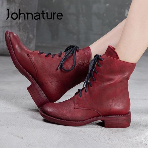 

boots johnature lace-up women genuine leather ankle shoes 2021 winter round toe sewing handmade leisure platform, Black