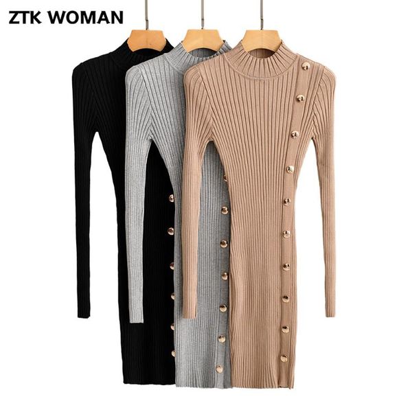 

ztk women knitted minidress 2021 new spring fashion with turtleneck solid casual slim dress femme elegant khaki autumn dress, Black;gray