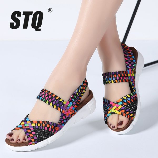 

stq 2020 women flat sandals shoes women woven wedge sandals ladies beach summer slingback sandals flipflops jelly shoes 803 y200623, Black