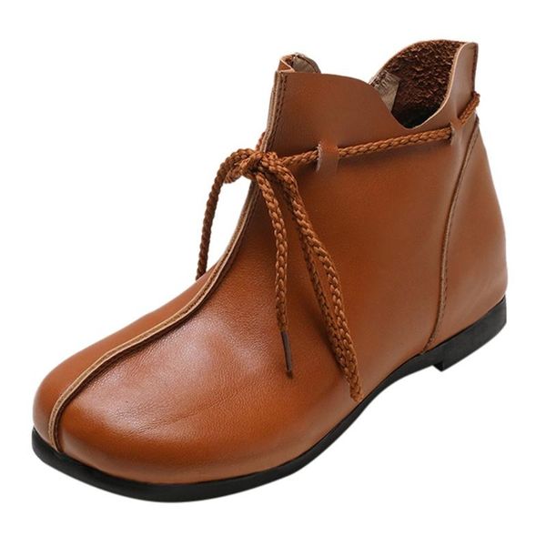 

boots fashion women leather handmade shoes ladies round head bow zipper women's, Black