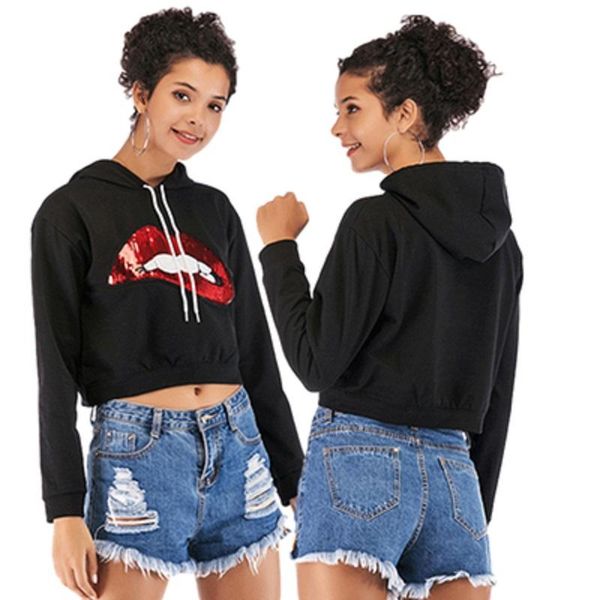 

women casual print long sleeve hooded sweatshirt crop hoodies blouse t-shirt ladies pullover spring autumn trip work, Black