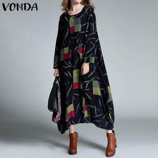 

casual long sleeve baggy dresses kaftan print dress women's spring sundress vonda 2021 female o neck retro robe vestidos s-5xl, Black;gray