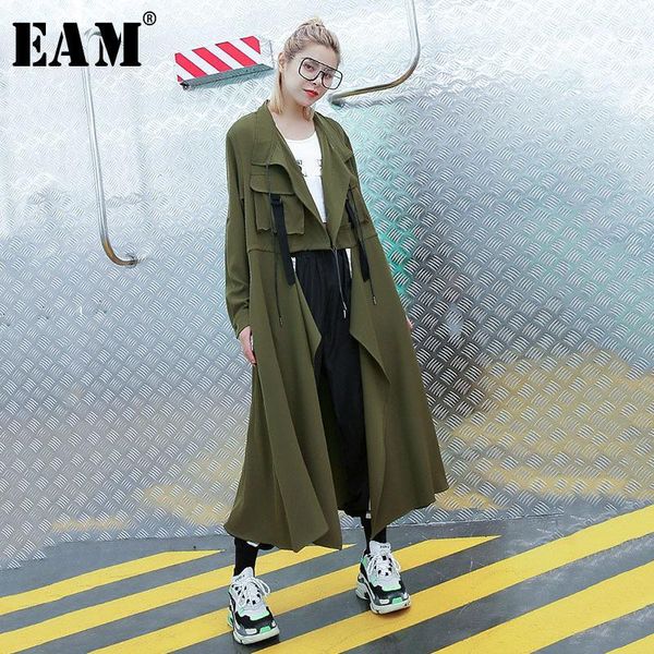 

eam] 2019 new autumn winter lapel long sleeve army green stitch pocket big size windbreaker women trench fashion tide jr5891, Tan;black