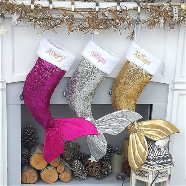

18'' kids mermaid sequins xmas stocking sack santa christmas gifts hot