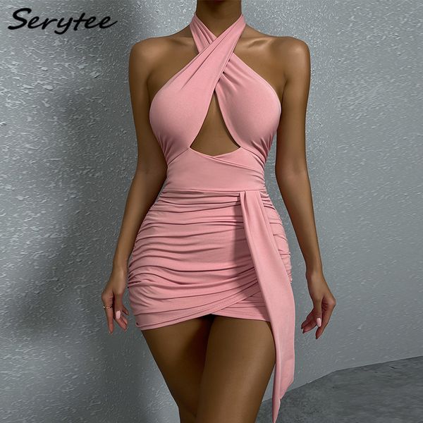 

serytee night club party cross criss halter dress for women 2022 summer off shoulder backless ruched bodycon wrap dress women's clothin, Black;gray