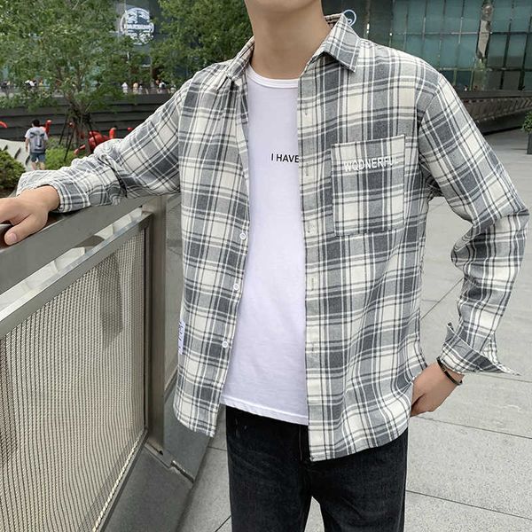 

qyf youth simple leisure slim lapel plaid long sleeve shirt men's new autumn 2020, White;black