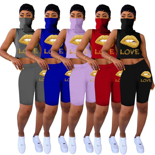 

summer women lip 2pcs sets tank +shorts sweat suit with mask plus size outfits s-3xl outfits stretchy sportswear clothing, Gray