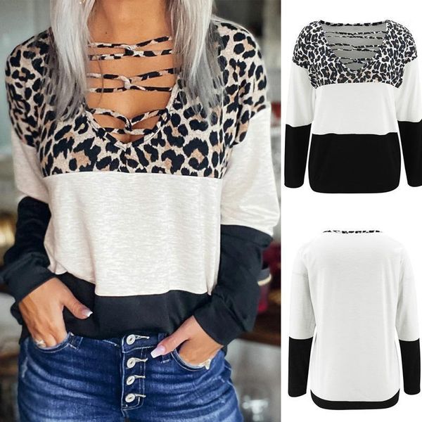 

women's fashion low cut v-neck stitching leopard print casual long sleeve black1, White