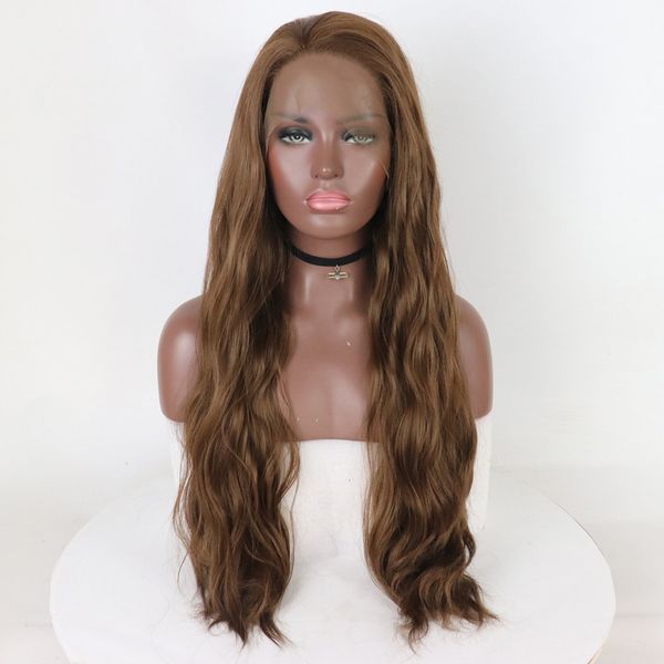 

marquesha medium brown synthetic lace front wigs heat resistant fiber long wavy glueless lace front wig for women, Black;brown