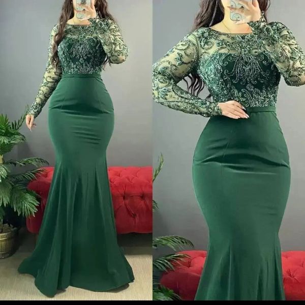 

green prom dresses luxury crystals beaded long sleeves scoop neck mermaid ruched pleats floor length custom made evening party gowns plus si, Black