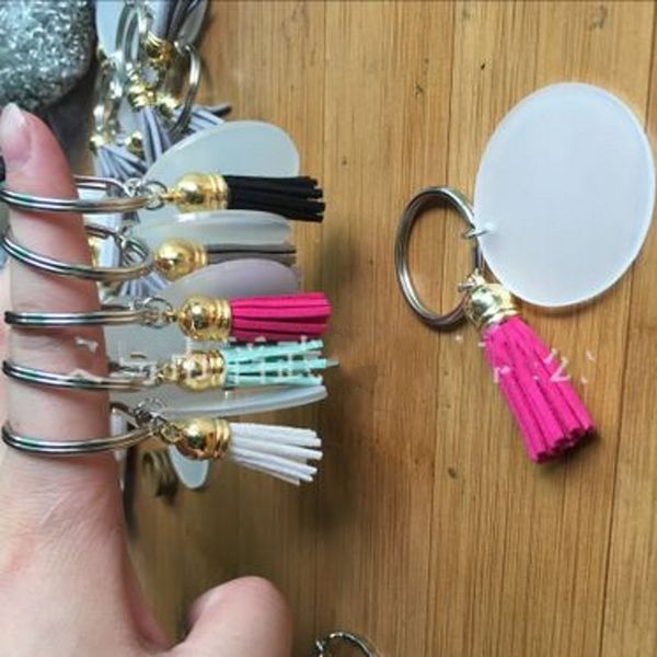 

4cm disc tassel keychain blank round acrylic key ring multi color luggage bags decorative metal holder 2 45tw g2