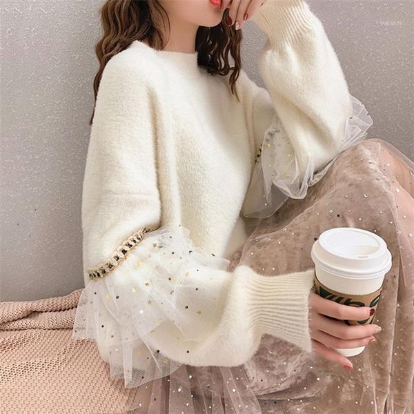 

imitation mink sweater pullover women's new autumn and winter 2019 small fragrant patchwork mesh sleeve fashion trend1, White;black