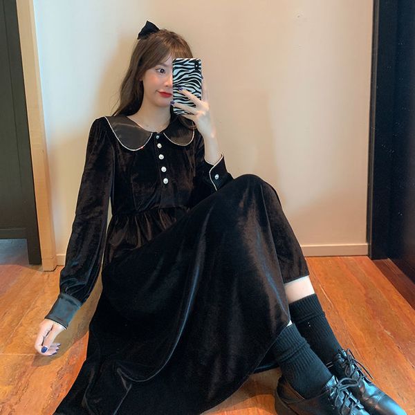 

2021 new cute velvet long sleeve black winter women doll collar midi korean one-piece dress lady wedding party 3bxk, Black;gray