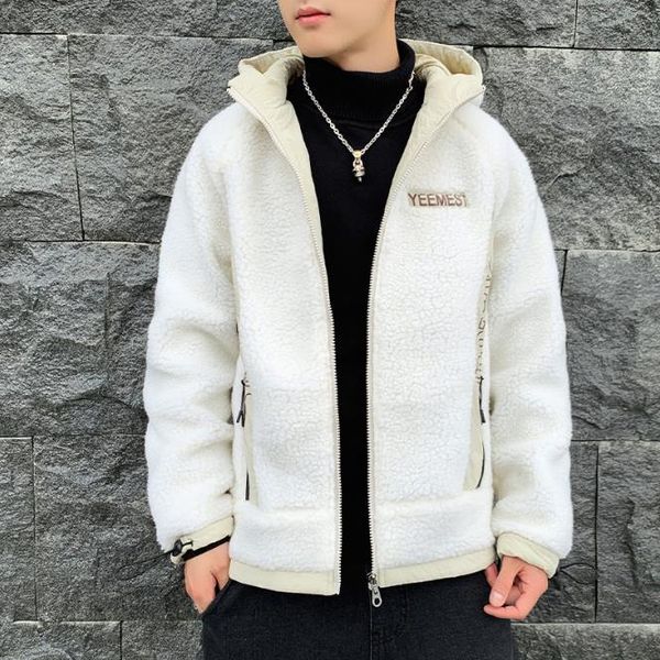 

autumn and winter new lamb velvet jacket men's warm and contrast stitching hooded zipper pocket non-slip button fashion sweater