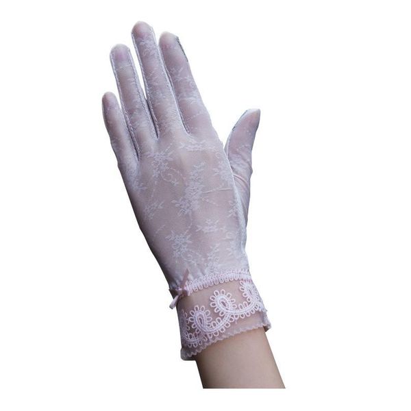 

summer women uv sunscreen short sun screen pearl flowers gloves thin ice silk lace touch screen lady driving glov jllaqr, Black