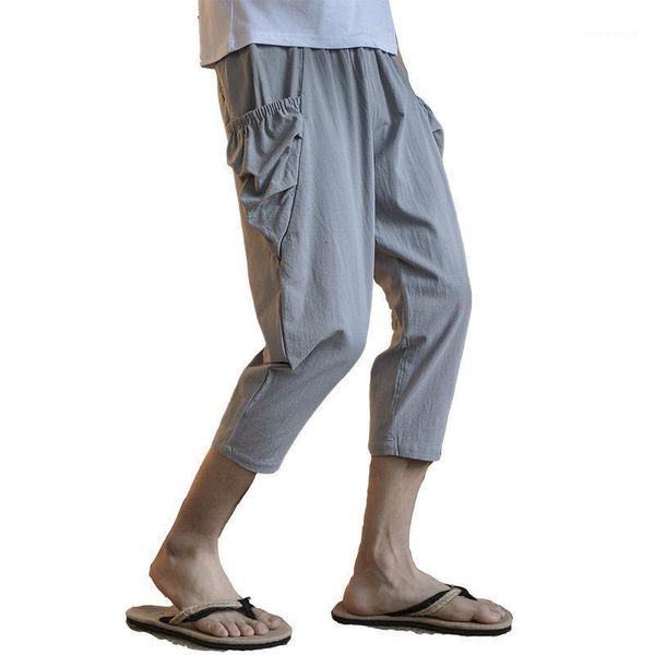 

m-3xl plain color light weight cropped linen pants men calf-length elastic waist trousers streetwear summer pencil pant1, Black