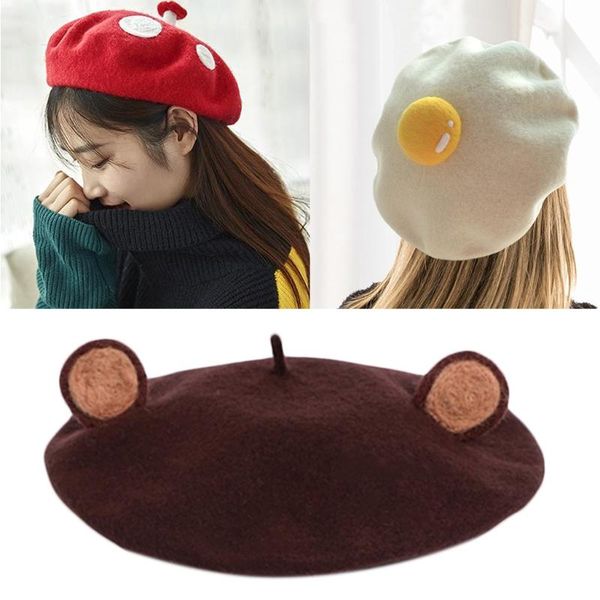 

japanese style women winter autumn faux wool beret hat cute 3d brown bear ears animal vintage french artist painter beanies, Blue;gray