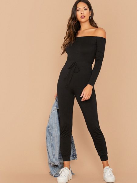 

off shoulder tie waist form fitted jumpsuit f125#, White