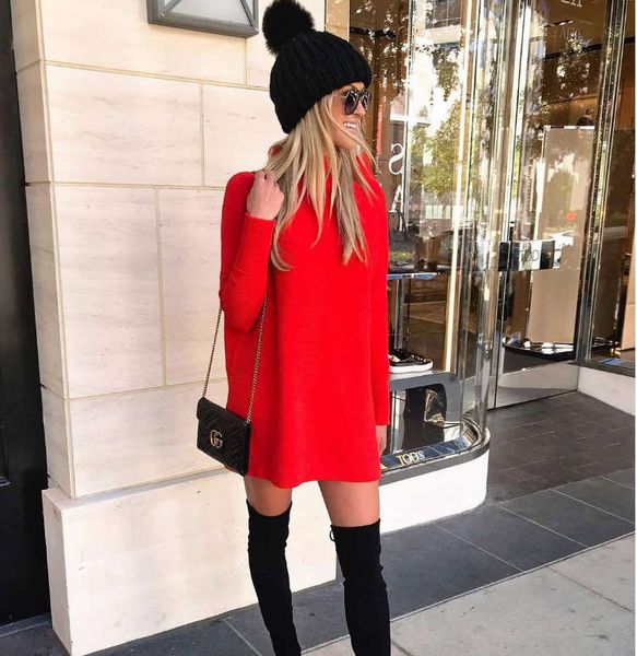 

aw19 fashion long sleeve mid neck sweater dress, White;black