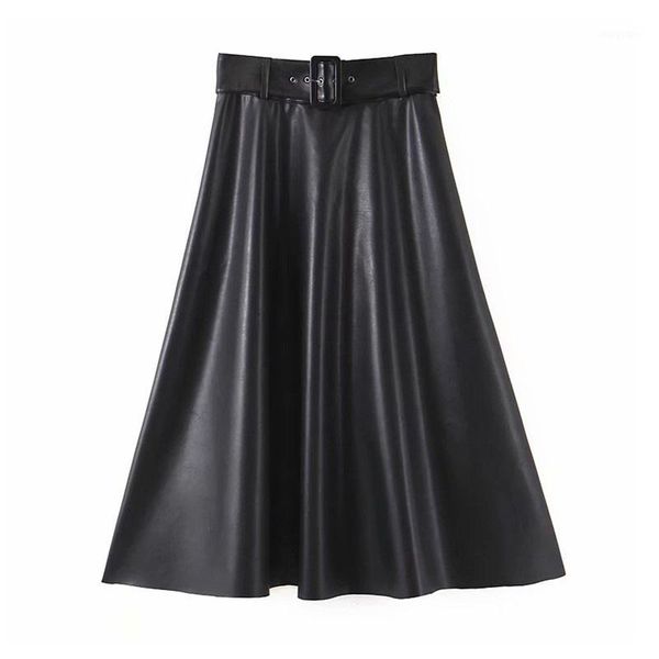 

women fashion pu leather black midi skirt bow tie belt side zipper a line female basic casual fashion skirts mujer1