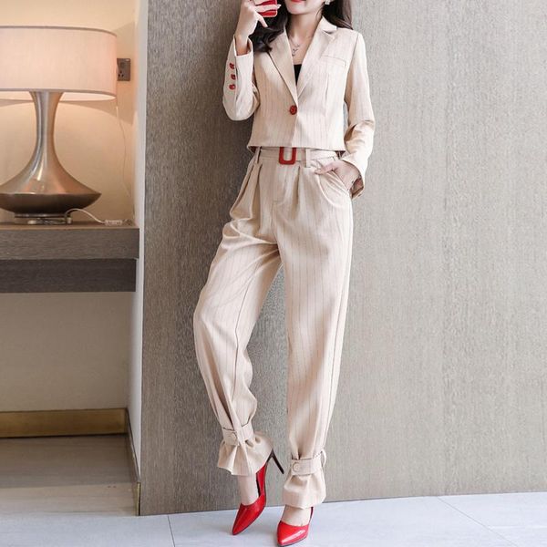 

women new autumn spring striped casual 2 pieces vintage office lady single button blazers &pants street short blazers pants suit, White