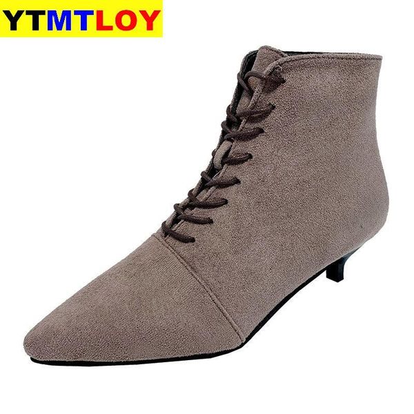 

women rubber flock boots winter warm shoe retro lace up pointed toe flock ankle pump heels size 34-39, Black