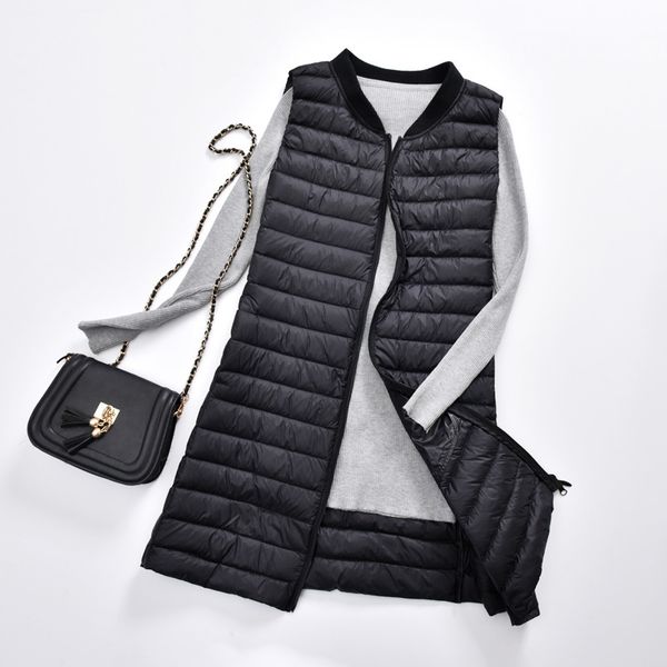 

2021 new women's ultra light vest women female down coat long slim sleeveless baseball collar jacket y430, Black;white