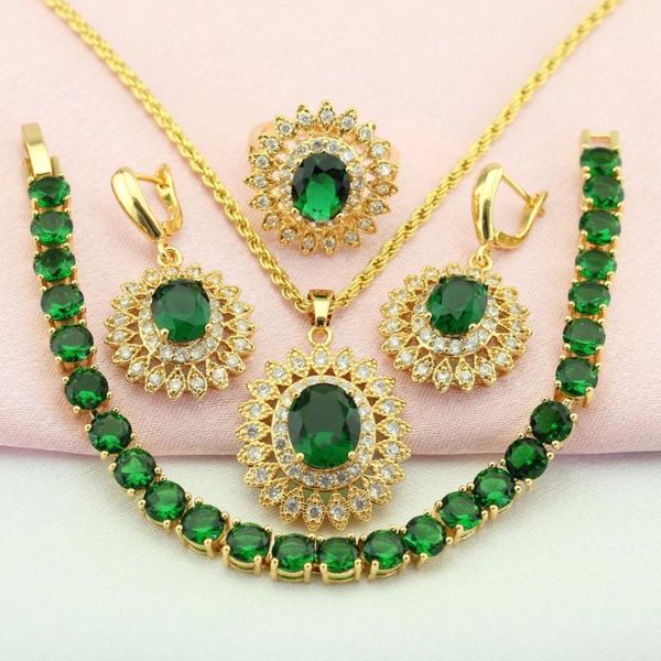 

wpaitkys trendy green cubic zirconia gold color party jewelry sets for women earrings necklace pendant ring bracelet box, Silver