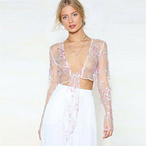 

women's swimwear women see through lace mesh sheer long sleeve crop t shirt blouse tee bikini cover up nightgown1, White;black