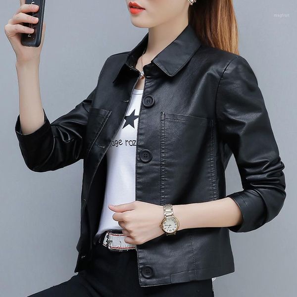 

wmswjh casual leather jacket women fashion lapel slim short motorcycle pu jacket black green caramel faux leather jackets on5551