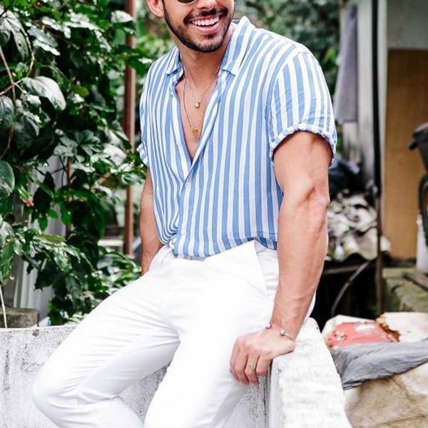 

men's shirts beach 2019 summer camisa short sleeve vertical striped shirt mens clothing trend casual button retro blouse, White;black